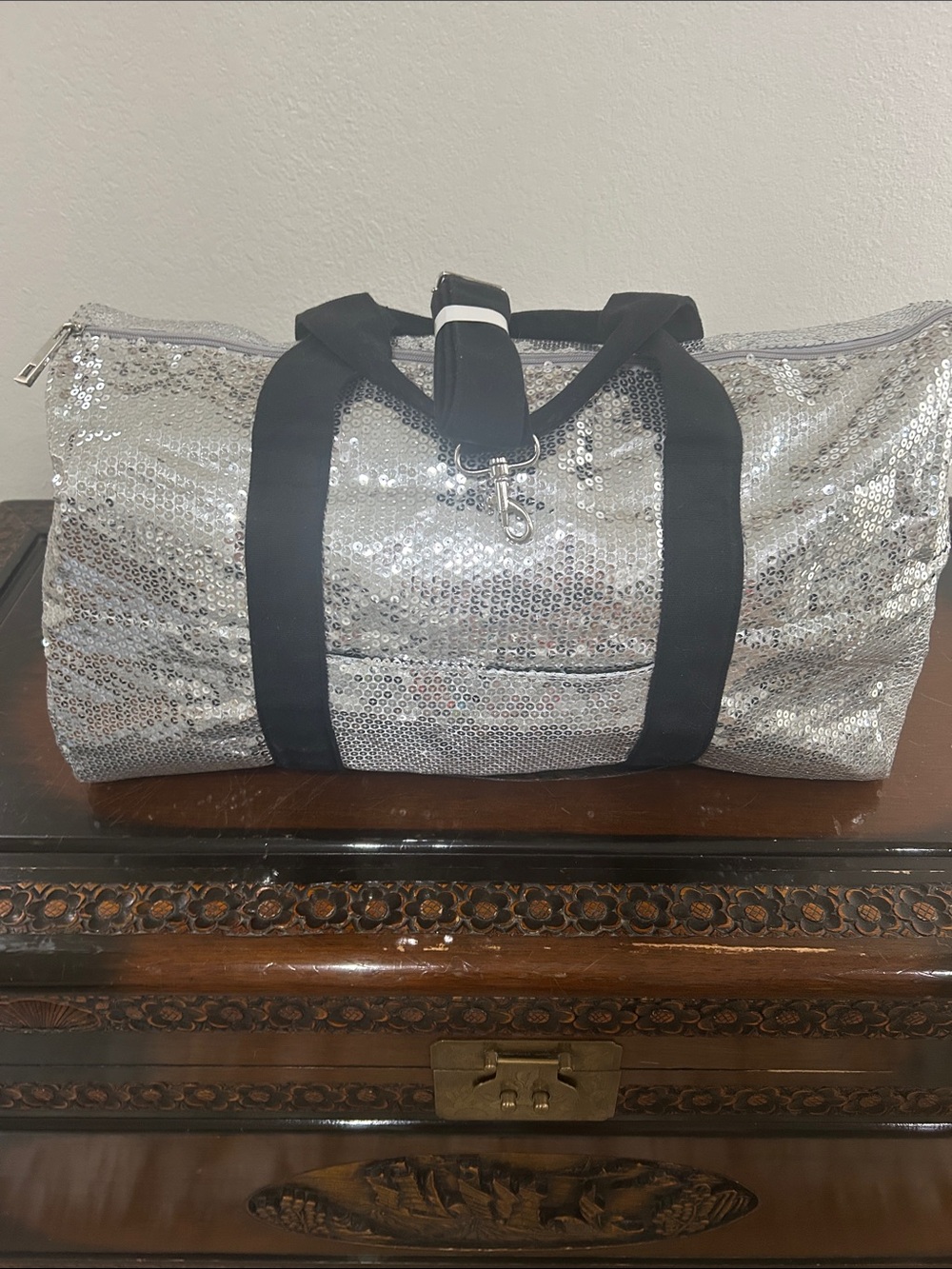 Silver Sequin Duffle Bag with Black Straps